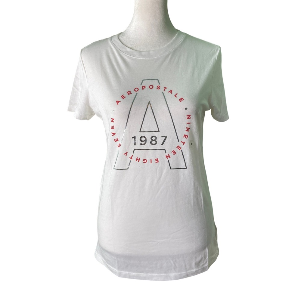 Aeropostale Classic Crew T Shirt Logo Fitted White Silver Red Lightweight Size M